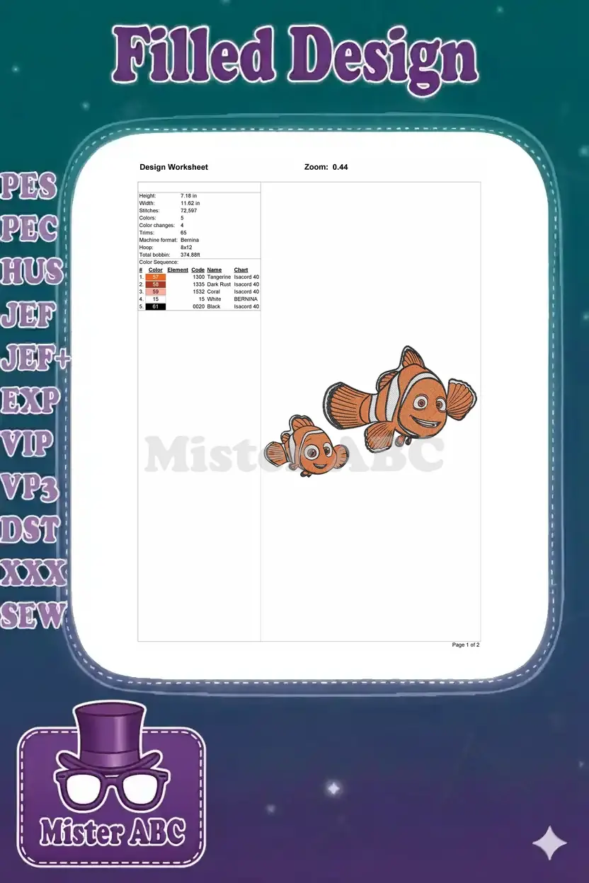 An embroidery design worksheet detailing specifications like dimensions, stitch count, color changes, and machine format.
