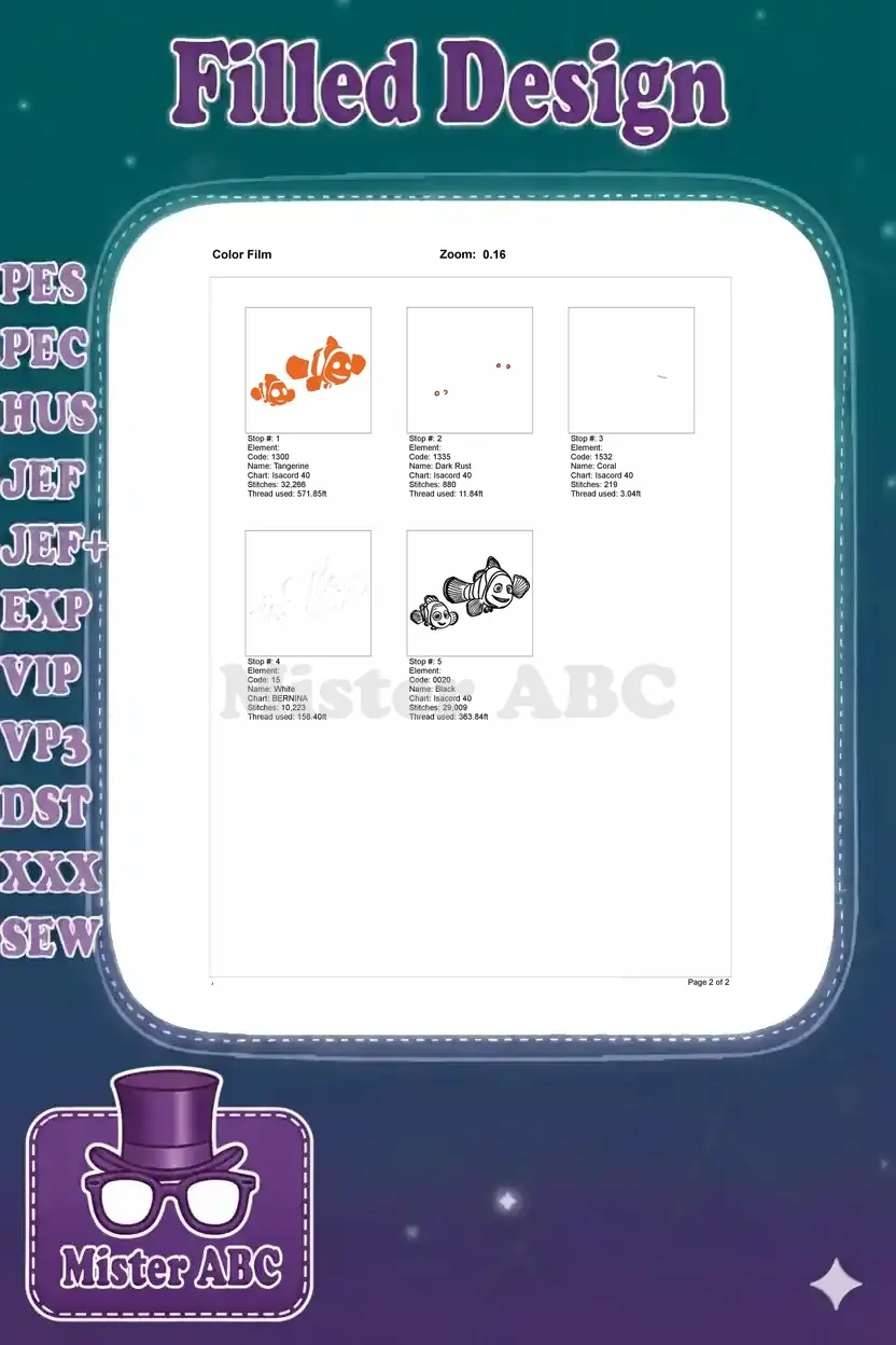 A color film breakdown showing the embroidery design's stitch sequence for each of the five distinct colors.