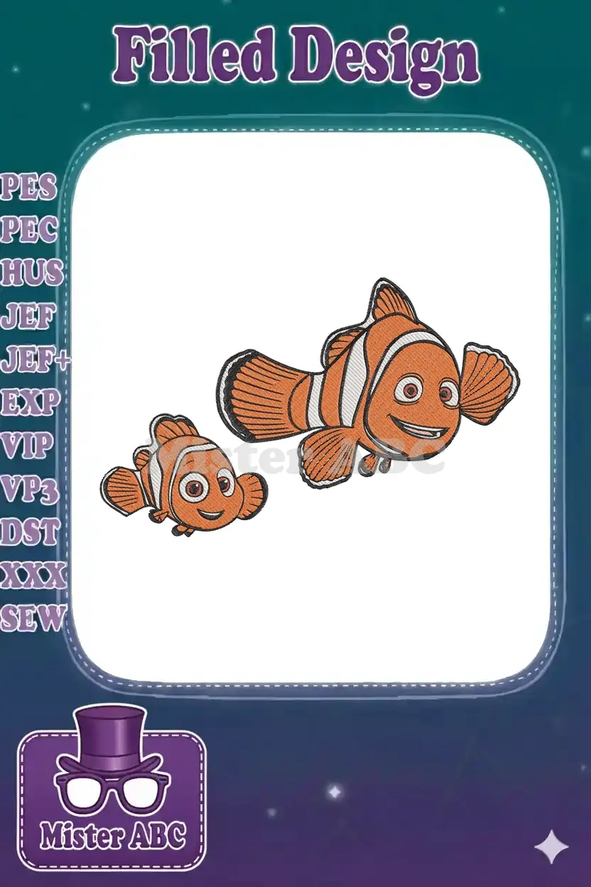 Two cheerful embroidered clownfish, Nemo and Marlin, with vibrant orange, white, and black details, smiling brightly.