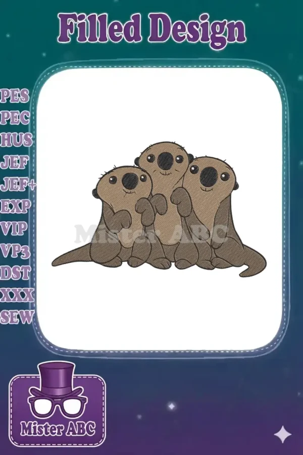 Three cheerful cartoon otters huddled together, a charming fill stitch embroidery design with warm brown tones.