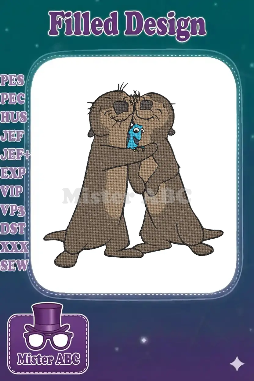 Embroidered scene of two brown otters gently hugging a small blue Dory fish, symbolizing love and family.