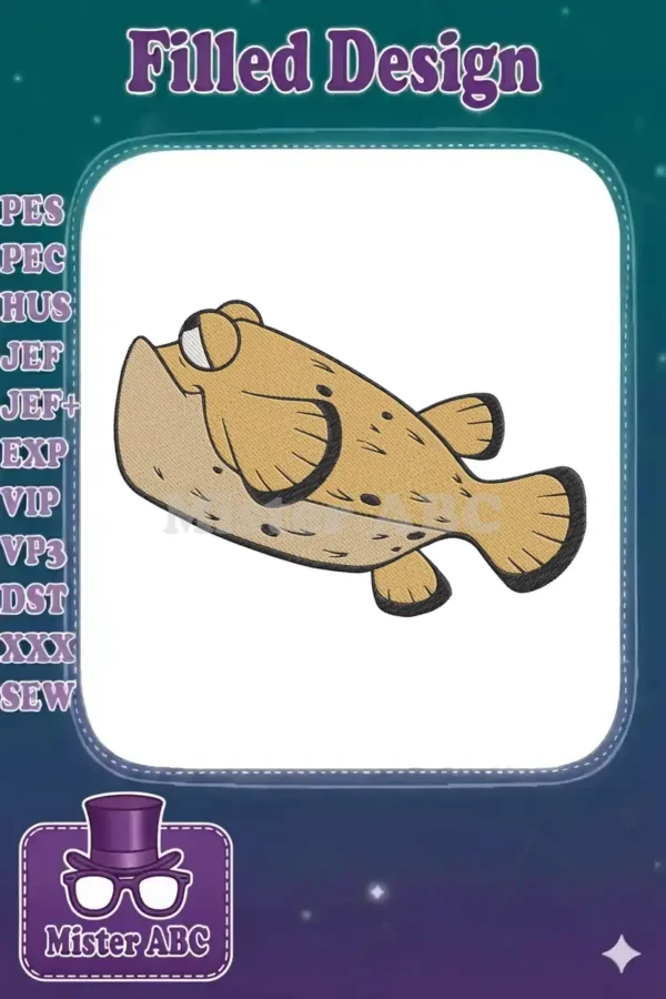 A charming machine embroidery design of a cartoon pufferfish with tan body, black outlines, and white eye.