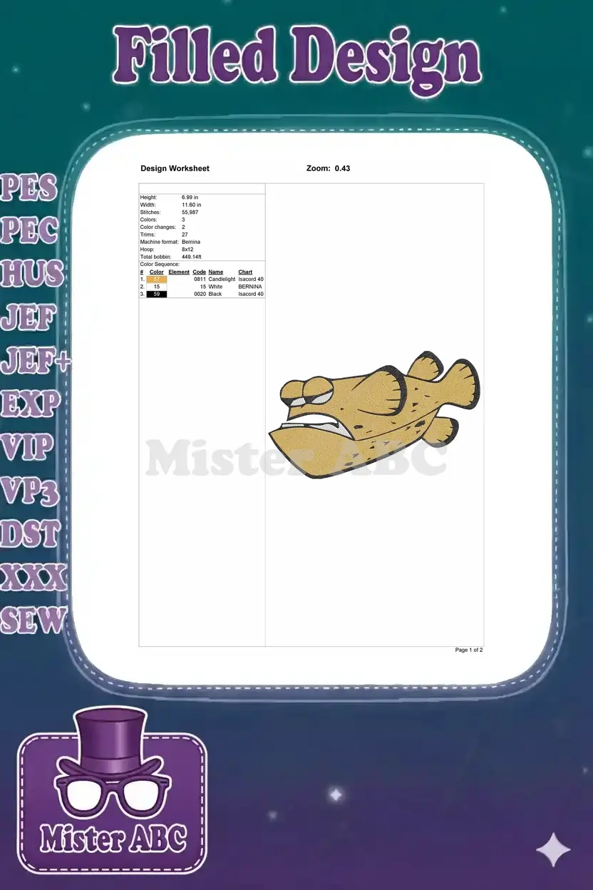 Embroidery design worksheet showing dimensions, stitch count, color details, and thread information for the grumpy fish.