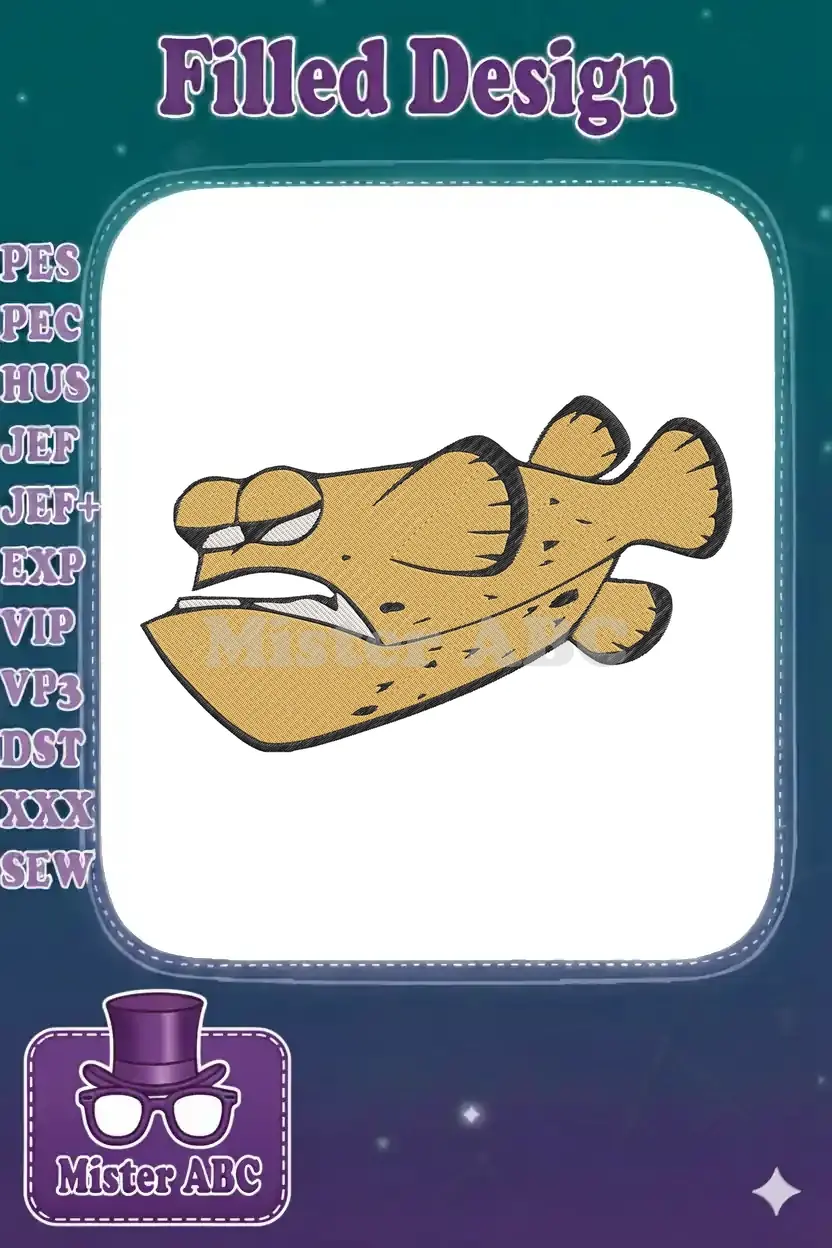 Close-up of an angry golden fish embroidery design, featuring detailed texture and bold black outlines.