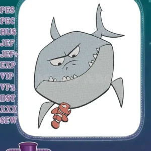 An angry, cartoonish gray shark, Bruce from Finding Nemo, holding a small orange clownfish in its mouth.