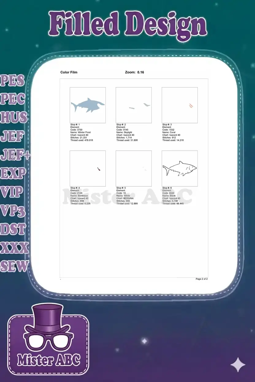 Embroidery color film showing the step-by-step stitching process for the shark design with thread usage.