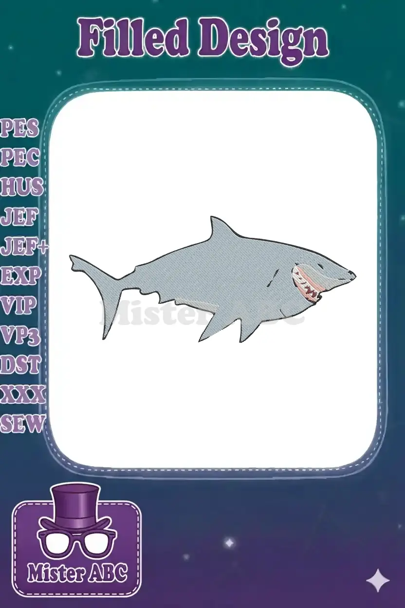 A detailed embroidery design of a gray great white shark with an open mouth, sharp teeth, and black outline.