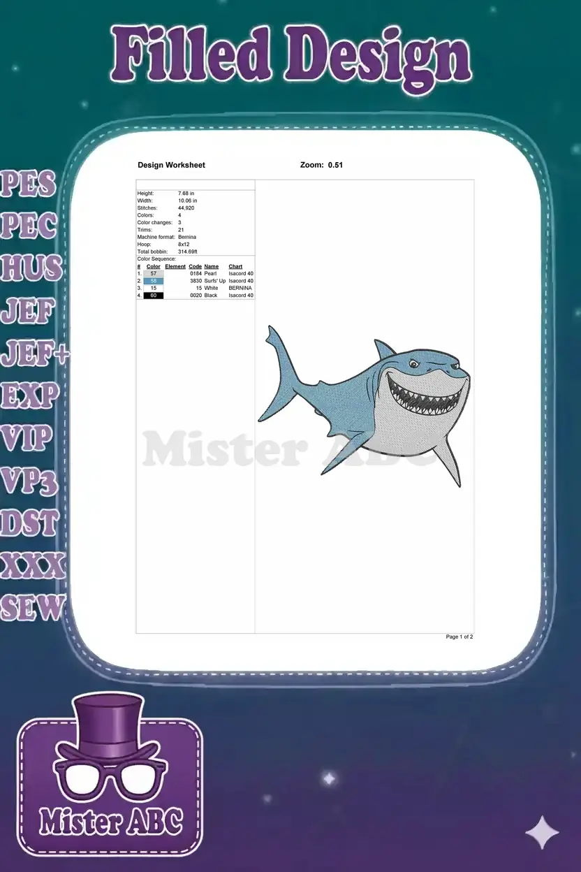 A design worksheet for the cartoon shark embroidery, detailing dimensions, stitch count, colors, and thread types.