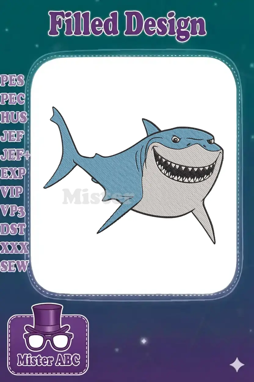 A friendly, light blue cartoon shark with a wide grin and exposed teeth, depicted as an embroidery design.
