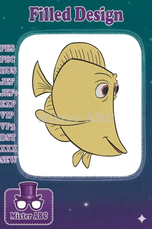 A vibrant, high-quality embroidery design featuring a cheerful yellow tang fish, ready to bring aquatic charm.