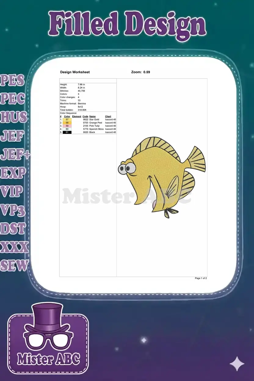 A detailed embroidery design worksheet for the yellow fish, showing dimensions, stitch count, and color sequence.