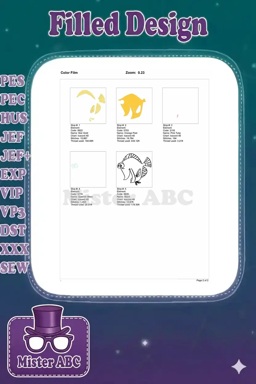 The embroidery color film showing the stitch order and thread usage for each of the five colors in the fish design.