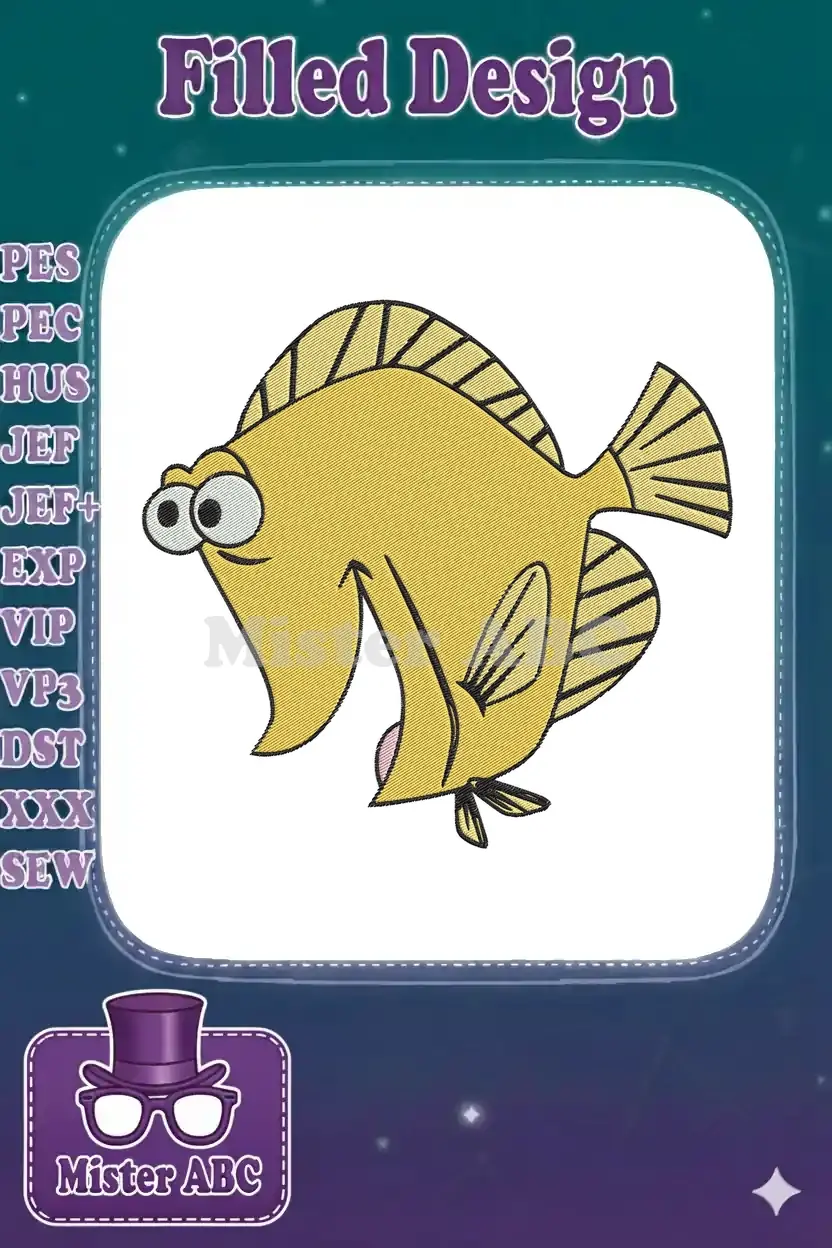 A lively cartoon yellow fish embroidery design, featuring big expressive eyes and a playful, smiling mouth.