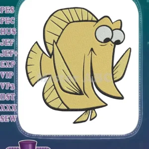 A vibrant yellow cartoon fish embroidery design with large, expressive eyes and a friendly, smiling mouth.