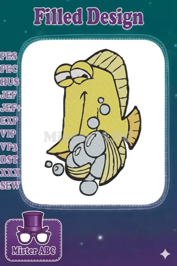 A vibrant yellow cartoon fish with large eyes smiles, holding a blue seashell amidst playful bubbles.