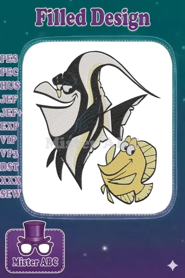 Embroidery design of Gill, the Moorish Idol, and Bubbles, the yellow Tang, from Disney Pixar's Finding Nemo, smiling.