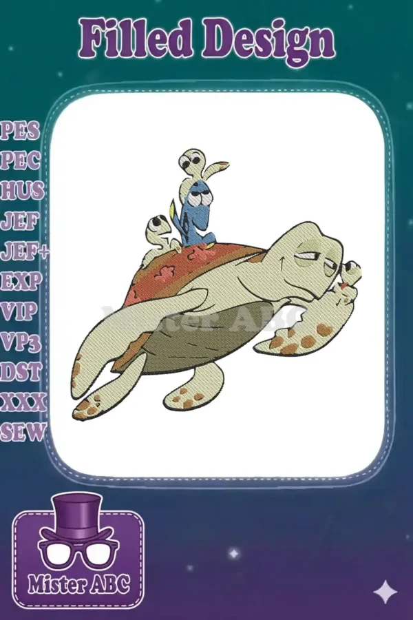 Embroidery design of Crush the sea turtle, Dory the blue tang, and Squirt the baby turtle, from Finding Nemo.