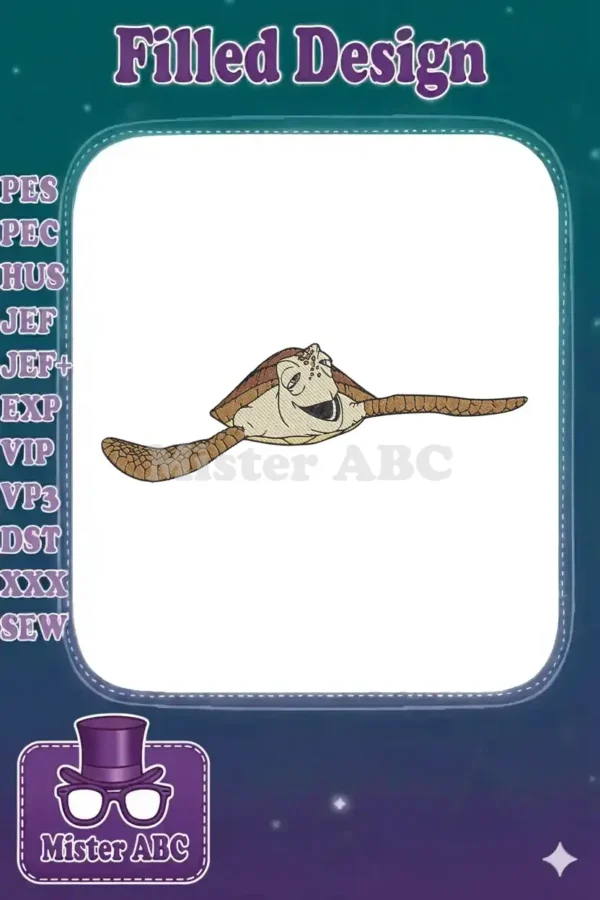 A cheerful embroidered Squirt design, the lively sea turtle from Finding Nemo, captured mid-swim with a bright smile.