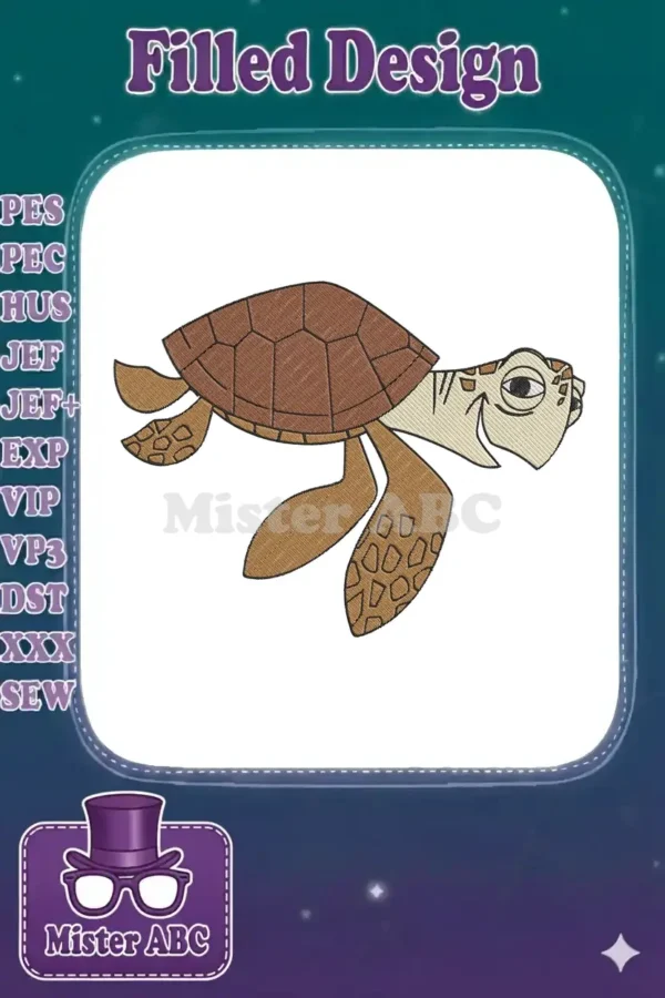 A cheerful embroidery design of Squirt, the young sea turtle from Finding Nemo, swimming with a happy expression.