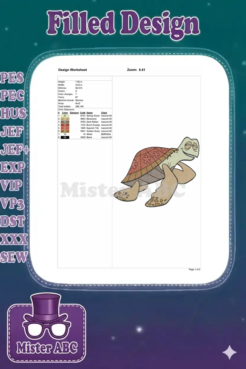 Detailed embroidery design worksheet showing technical specifications, dimensions, stitch count, and color chart.