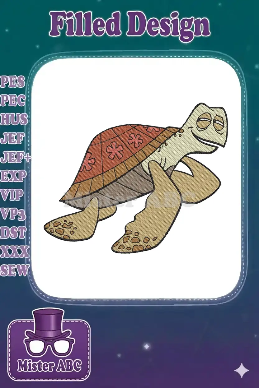Vibrant embroidery of a friendly, smiling sea turtle with a patterned shell, perfect for children's apparel.