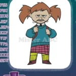 Grumpy cartoon girl with pigtails school embroidery designs - Instant Download