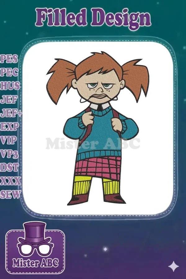 Digital embroidery design of Gretchen Grundler from Recess, featuring her signature grumpy expression and pigtails.