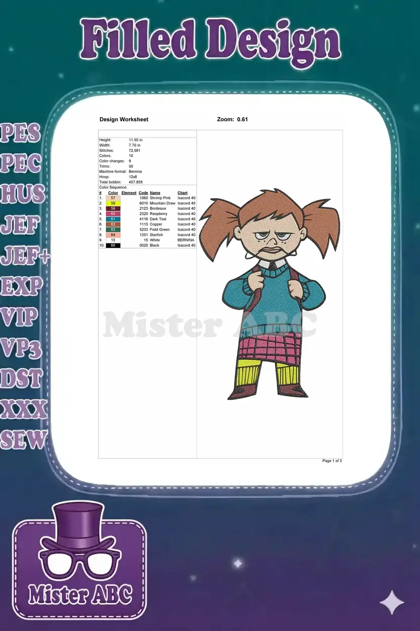 Embroidery design worksheet for Gretchen Grundler, detailing dimensions, stitch count, colors, and thread types.