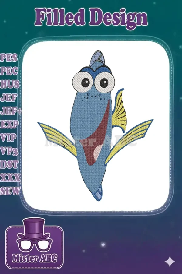 Close-up of a cheerful Dory embroidery design with wide eyes and a big smile, featuring fill stitch details.
