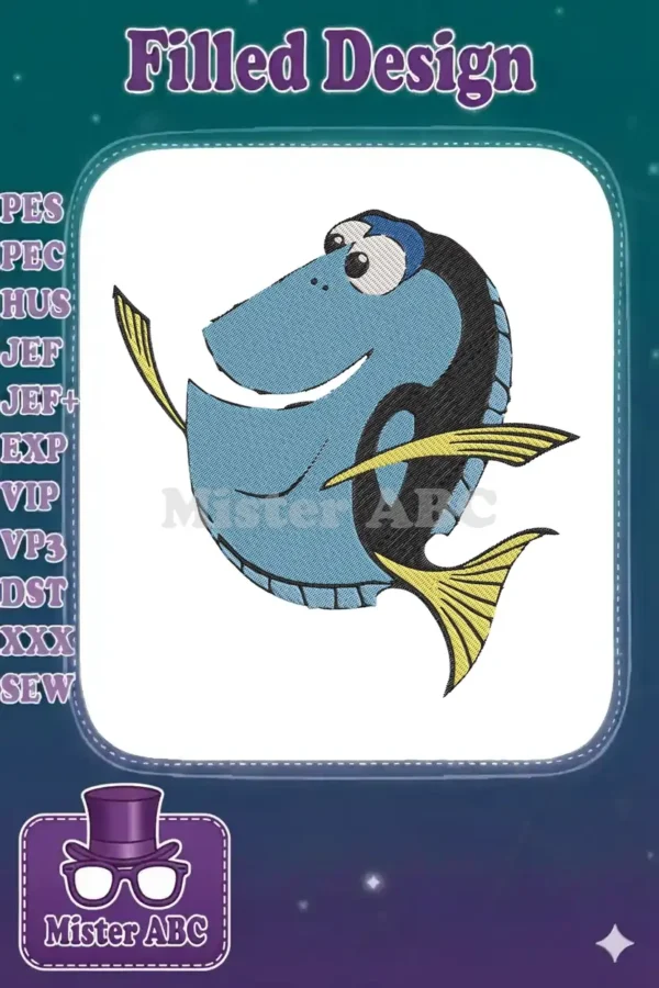 Vibrant Dory embroidery design featuring the beloved blue tang fish character with a cheerful expression.