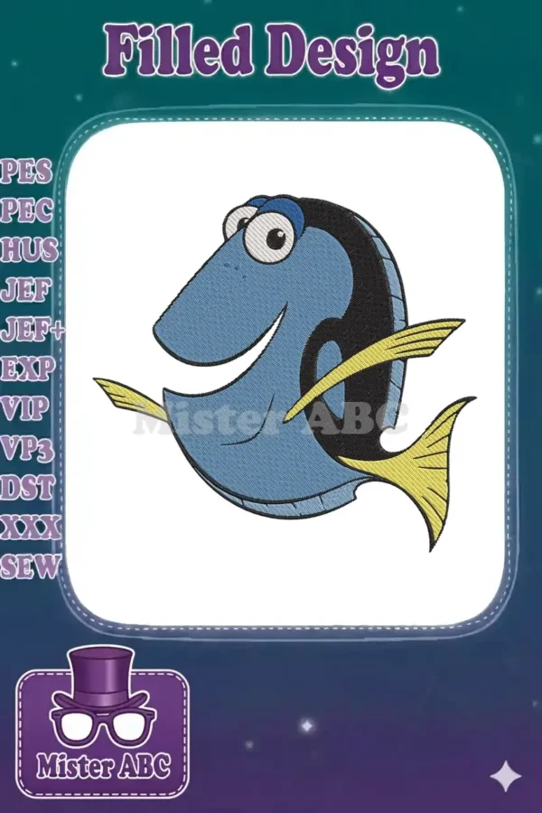 A vibrant, digitized embroidery design of Dory the blue tang fish, featuring her signature blue, yellow, and black colors.