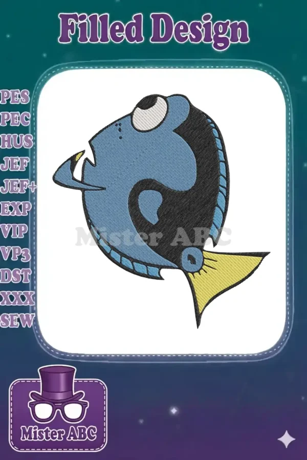 A charming Dory fish embroidery design, featuring her iconic blue, yellow, and black colors with a playful expression.