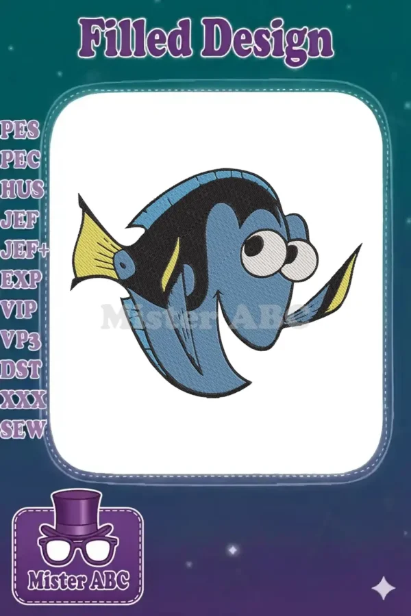 A vibrant, detailed embroidery design of Dory, the blue tang fish, featuring her iconic blue, yellow, and black colors.