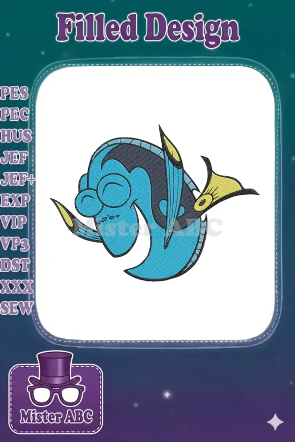 A detailed embroidery design of Dory, the blue tang fish, featuring vibrant blues, yellow, and black outlines.