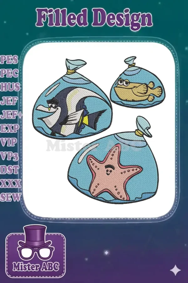 Three embroidered designs: Gill, Bloat, and Peach from Finding Nemo, each in a clear plastic bag.