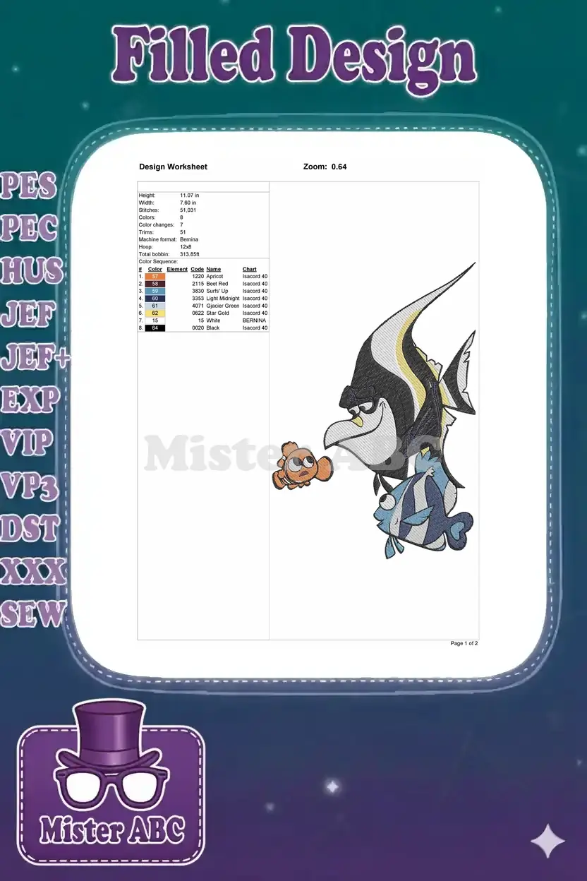 Embroidery design worksheet detailing dimensions, stitch count, color sequence, and machine specifications for the fish design.