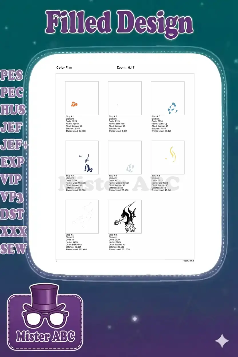 Color film breakdown showing each individual thread color layer and its corresponding stitch count for the embroidery design.