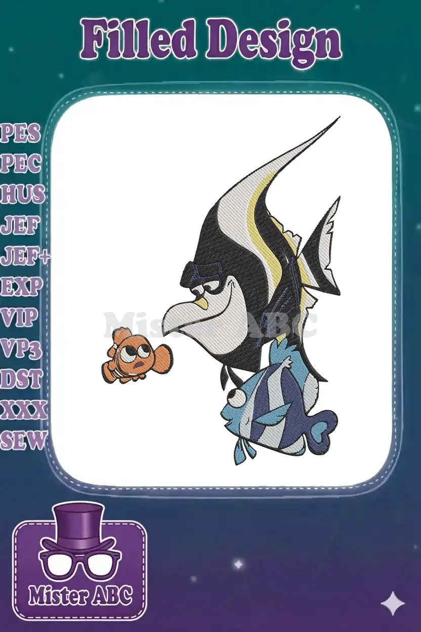 Embroidered design of Gill, Nemo, and Dory from Finding Nemo, showcasing detailed stitching and vibrant colors on white.