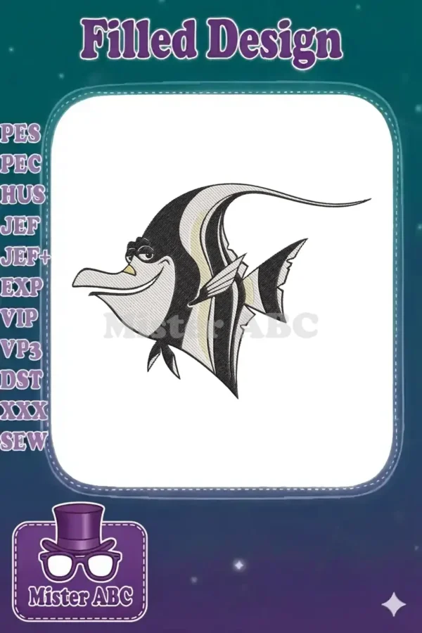 Full-color embroidery design of Gill, the Moorish Idol fish from Finding Nemo, in his iconic striped pattern.