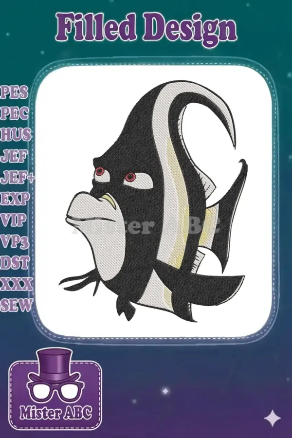 An expressive Gill from Finding Nemo embroidery design, featuring black, white, and yellow stripes with red eyes.
