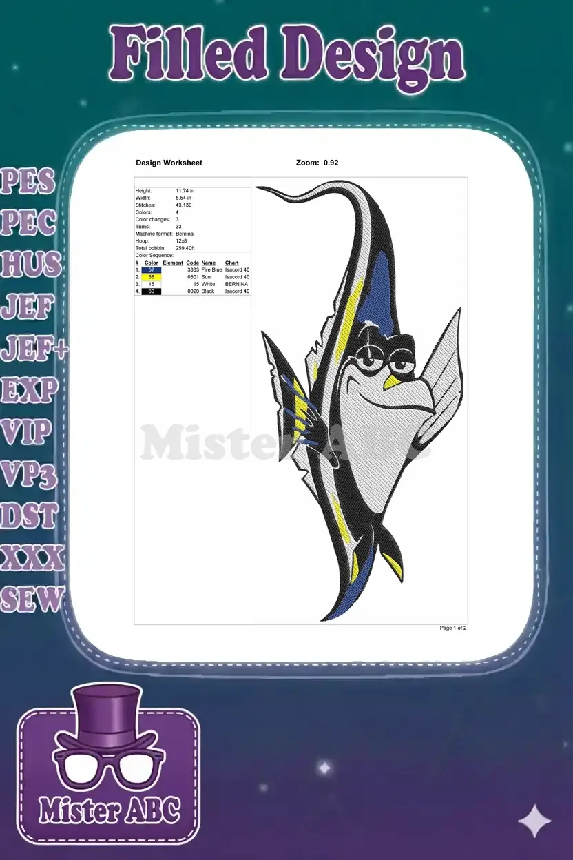 Embroidery design worksheet for Gill, showing dimensions, stitch count, colors, and thread details.