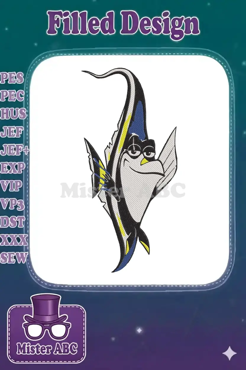 Detailed embroidery design of Gill from Finding Nemo, featuring black, white, blue, and yellow threads.