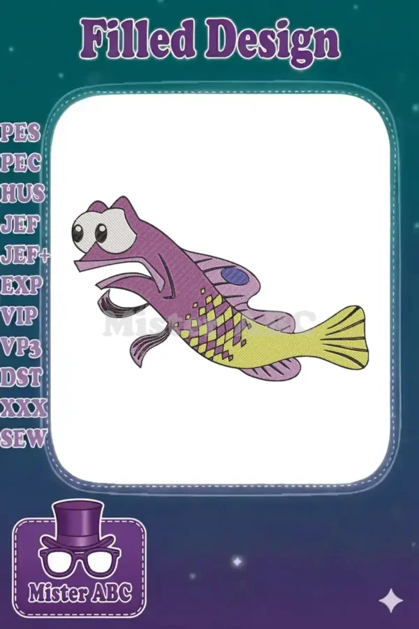 A whimsical purple and yellow cartoon fish embroidery design with large eyes, perfect for playful projects.