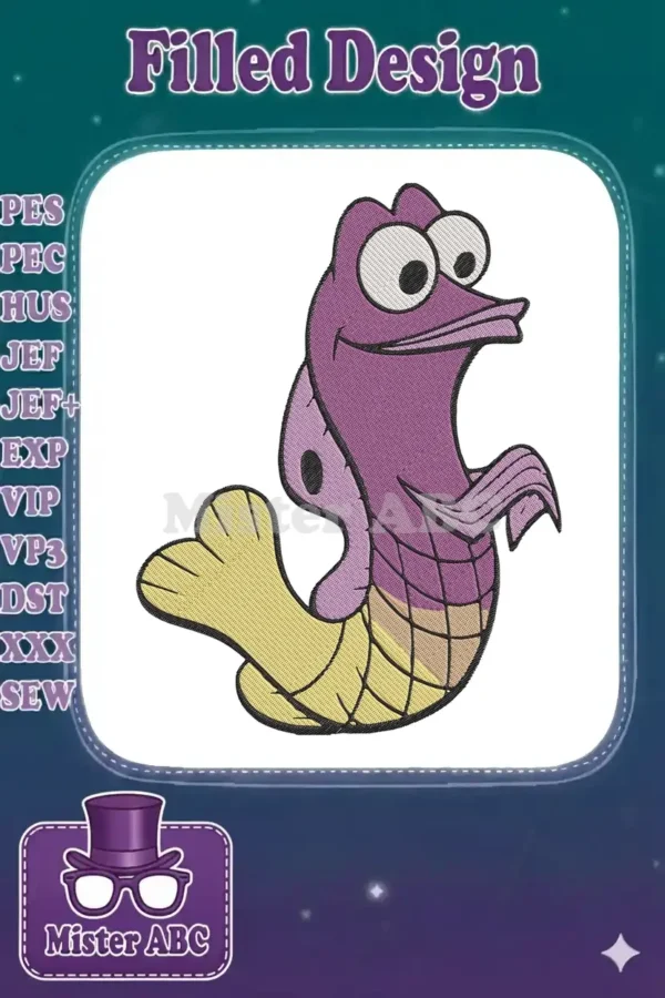 Vibrant purple and yellow cartoon seahorse embroidery design, featuring large eyes and a friendly smile.