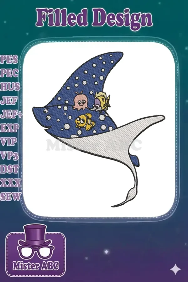 Embroidered blue manta ray with white spots, carrying a pink octopus and yellow fish, on a white background.