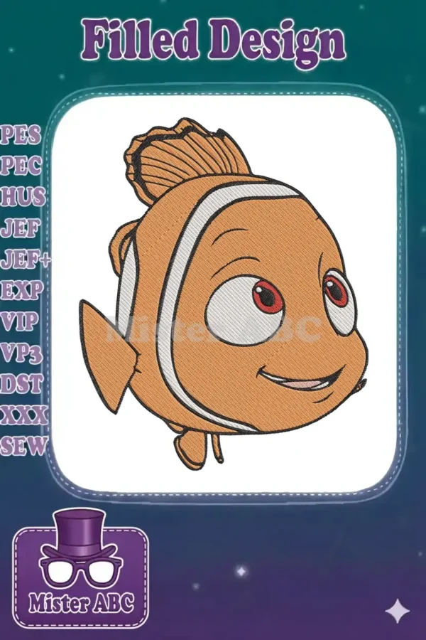 Close-up of a cheerful Nemo clownfish embroidery design, featuring vibrant orange, white, and black threads.