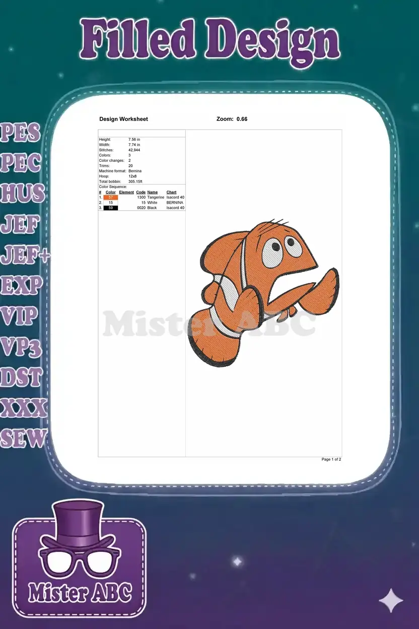 A detailed embroidery design worksheet for the clownfish, showing dimensions, stitch count, and thread colors.
