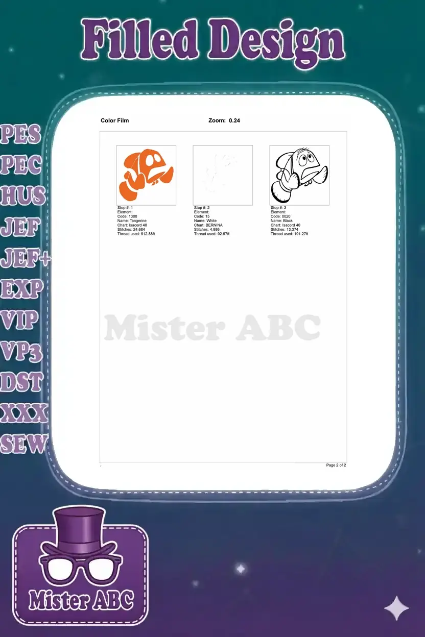 A color film breakdown of the clownfish embroidery design, showing stitch details for each color stop.