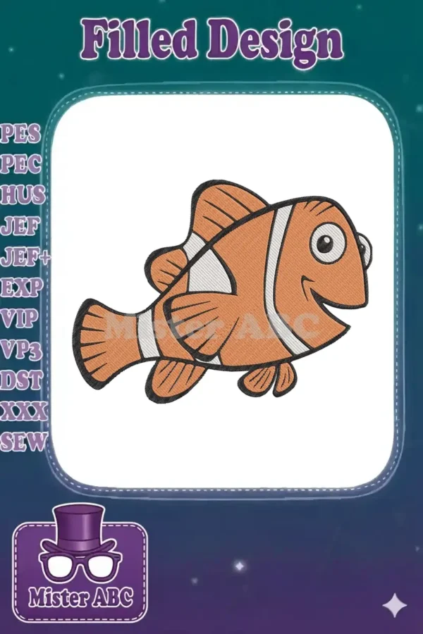 A cheerful orange clownfish embroidery design with white stripes and black outlines, perfect for aquatic themes.