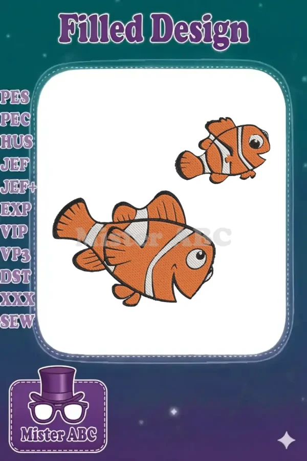 Two vibrant, smiling clownfish embroidery designs, featuring orange, white, and black details, ready to stitch on fabric.